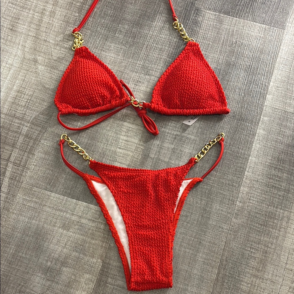 Women’s Red Textured Triangle Bikini with Gold Chain Details